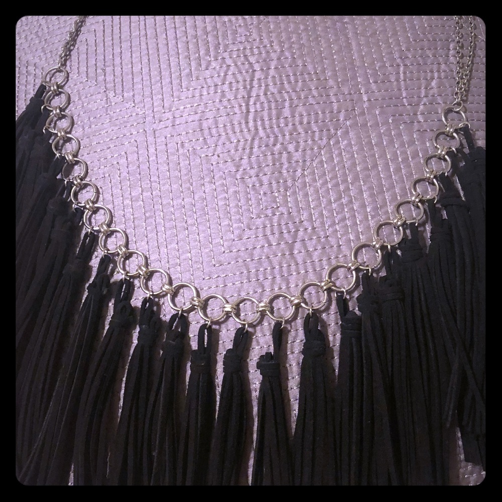Black suede fringe necklace